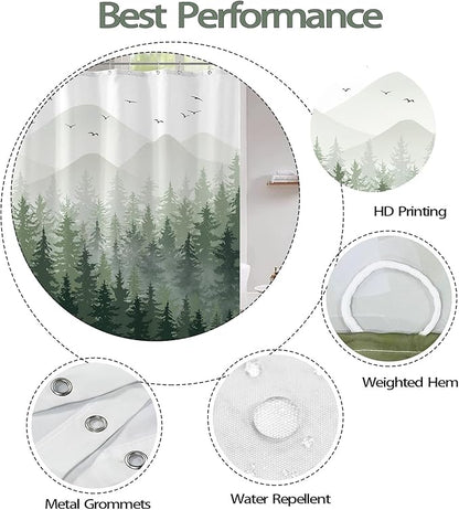 Aipon Green Misty Forest Shower Curtain Ombre Nature Tree Plants Shower Curtains Fabric Waterproof Mountain Shower Curtain Sets for Bathroom Bath Decor with 12 Hooks (Green, 72'' × 84'')