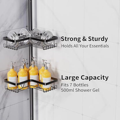 KEGII Corner Shower Caddy Tension Pole, Adjustable Bathroom Organizer Shelf with Toothbrush Holder, Floor to Ceiling Shower Organizer 25-114.2 Inch, Bathtub Storage Rack for Renters, Family