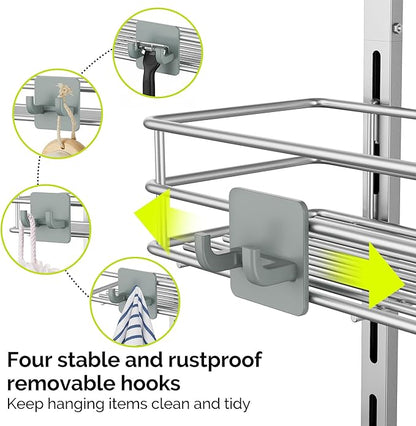 Orimade Over the Door Shower Caddy Adjustable 5 Tier Silver Grey,Bathroom Hanging Organizer Shelf Rustproof with 4 Hooks,Shower Basket with Soap Holder and Suction Cup