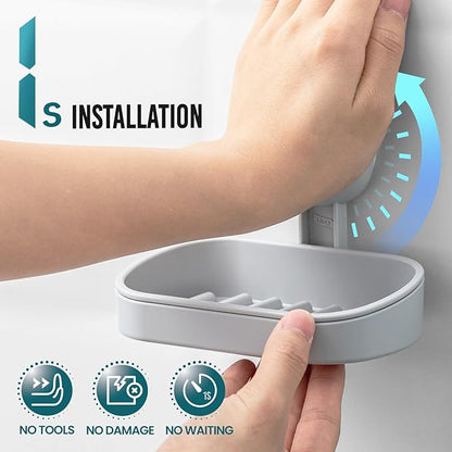 TAILI Soap Dish Bar Holder Suction Cup,Soap Saver with Powerful Vacuum Suction,Sponge Holder for Shower,Bathroom,Tub and Kitchen Sink, Universal Shower Accessories,Drill-Free,Removable,Grey