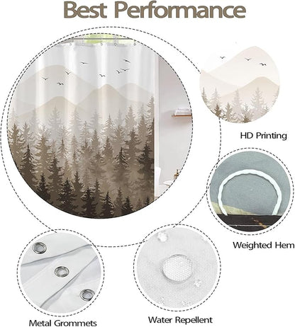 Aipon Brown Misty Forest Shower Curtain Ombre Nature Tree Plants Shower Curtains Fabric Waterproof Mountain Shower Curtain Sets for Bathroom Bath Decor with 12 Hooks (Brown, 72'' × 72'')