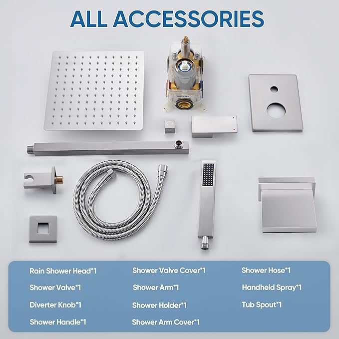 Shower System with Tub Spout, All Metal Tub Shower Faucet Set with 10" Rain Shower Head and Handheld Spray combo, Wall Mounted Tub Shower Systems with Valve and Trim Kit, Brushed Nickel