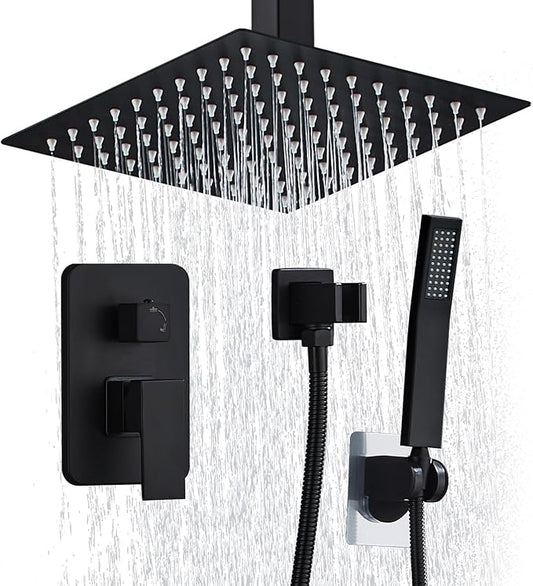 12 Inch Shower Faucet Set Ceiling Mount, High Pressure Rainfall Shower System, Square Rain Shower Spray Combo Luxury Shower Fixtures Matte Black