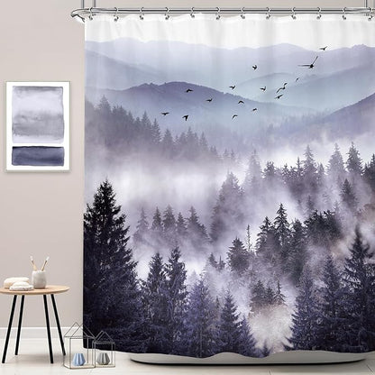 Riyidecor Purple Mountain Shower Curtain 72Wx72H Inch Nature Scenery Landscape Rustic Pine Tree Misty Foggy Mountain View for Mens Natural Bathroom Decor Fabric Polyester Waterproof 12 Pack Hooks