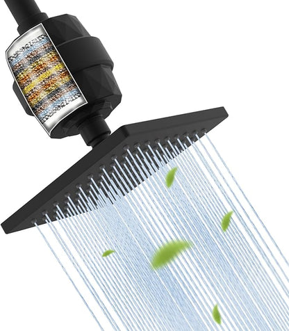 Hibbent Metal Filtered Shower Head, 6'' High Pressure RainShower Head, 20 Stage Shower Filter for Hard Water Softener, Bathroom Rainfall Shower Head to Remove Chlorine and Heavy Metals, Matte Black