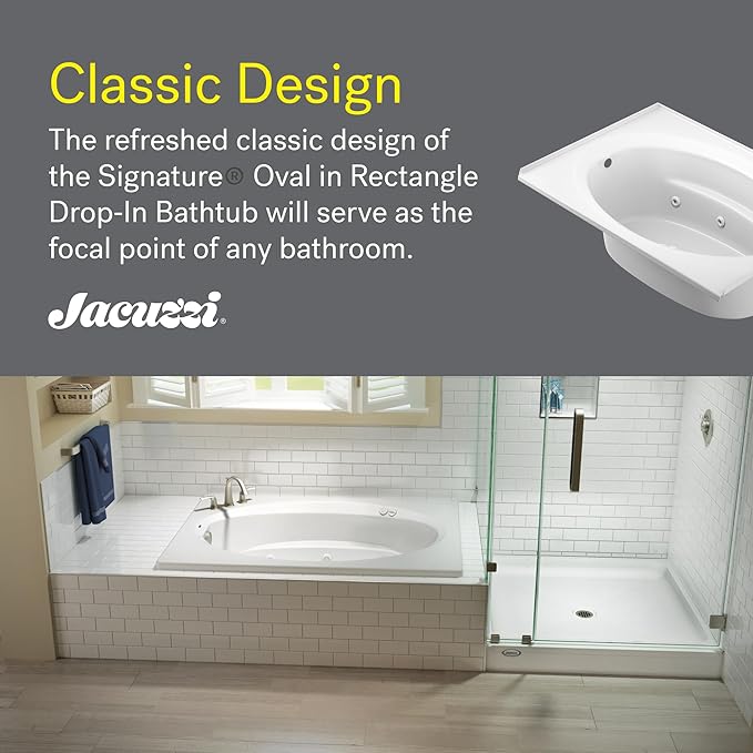 Jacuzzi SIGNATURE Acrylic Drop-In Bathtub, Heated Jet Massage Tub, Slip Resistant, Left Drain Placement, 72" (L) x 42" (W), Oval In Rectangle, White