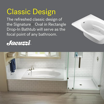 Jacuzzi SIGNATURE Acrylic Drop-In Bathtub, Jet Massage Tub, Slip Resistant, Left Drain Placement, 60" (L) x 42" (W), Oval In Rectangle, White