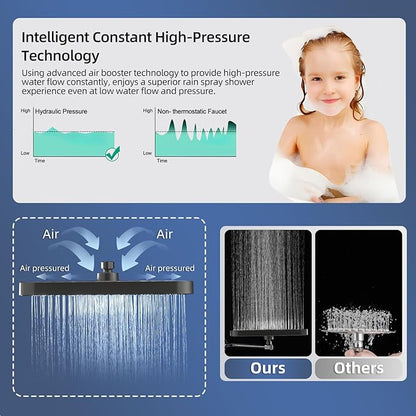 12" High Pressure Rain/Rainfall Shower Heads With Handheld Spray Combo (3+1 Settings & Built-in Power Wash Mode), Double/Dual Shower Head With Handheld - Height/Angle Adjustable(Matte Black)