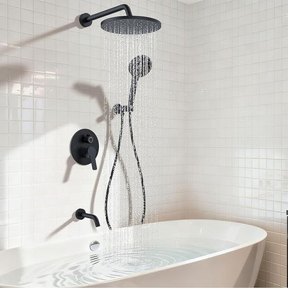 Iriber Mattle Black Bathtub Shower Faucet Set，Bathroom Shower System with Tub Spout ，Filtered Shower Head with Handheld, 9 Spray Mode Showerhead,Shower Valve Trim Kit Contain Cartridge,10 Inch
