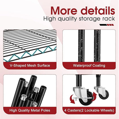 2 PACK 750 lbs Capacity Heavy Duty Garage Wire Rack Shelving, Adjustable 6-Shelf Metal Shelving with Wheels, 14"D x 24"W x 71"H Space-Saving Rolling Storage Shelves for Closet, Kitchen & Garage, Black