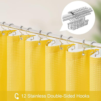 3 in 1 Shower Curtain Set, Yellow Waffle Shower Curtain and PEVA Liner Set with 12 Stainless Steel Shower Curtain Hooks, Waterproof Shower Curtains for Bathroom, 72 W x 72 H