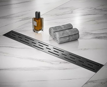 HEATGENE 28-Inch Linear Shower Drain in Matte Black - Stainless Steel Rectangular Shower Floor Drain - Removable Decorative Cover - Adjustable Leveling Feet - CUPC Certified
