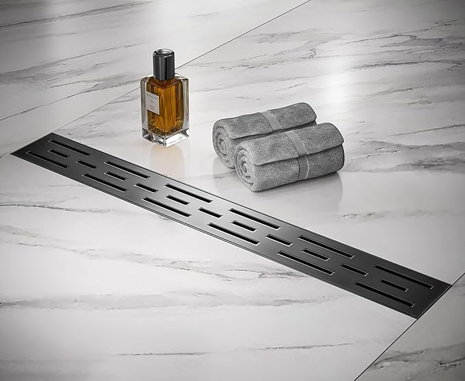 HEATGENE 24-Inch Linear Shower Drain in Matte Black - Stainless Steel Rectangular Shower Floor Drain - Removable Decorative Cover - Adjustable Leveling Feet - CUPC Certified