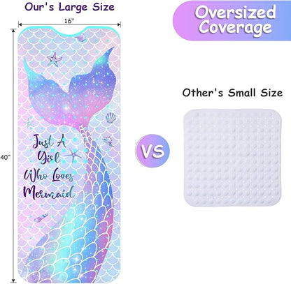 Bathtub Mat Non Slip, Mermaid Extra Long Bath tub Mat Shower Floor Mat with Suction Cups and Drain Holes for Adults Kids Elderly 40 X 16 Inch