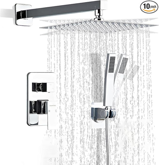 12 Inch Polished Chrome Shower Faucet Set with Rain Shower Head and Handheld Spray, Wall Mounted Rainfall Shower Head with Handheld Combo, Bathroom luxury Shower System with Valve and Trim
