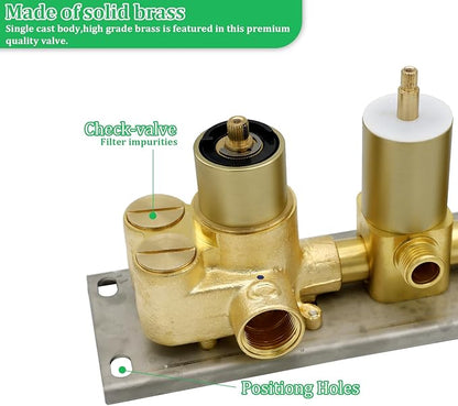 HOMEDEC 3 Function Shower Mixing Valve and Trim Kit, Brushed Gold 3 Ways Thermostatic Valve Flow Volume Control Vertical Shower Diverter Selector