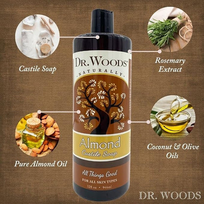 Dr. Woods Pure Almond Oil Liquid Castile Soap - Natural Cleanser for Face, Hands, and Body, for Men and Women - 32 Fl Oz