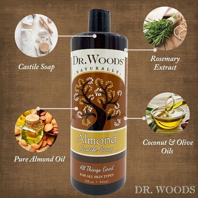Dr. Woods Pure Almond Oil Liquid Castile Soap - Natural Cleansing for Face, Hands, and Body, for Men and Women - 32 Fl Oz, Pack of 3