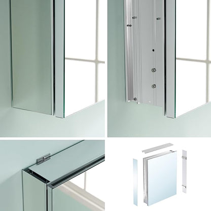 WELLFOR 40" x 30" Bathroom Medicine Cabinet, Anodized Chrome Aluminum Frame, Medicine Cabinet with Adjustable Glass Shelves, Bathroom Mirror Cabinet, Surface or Recessed Mount, Three Doors