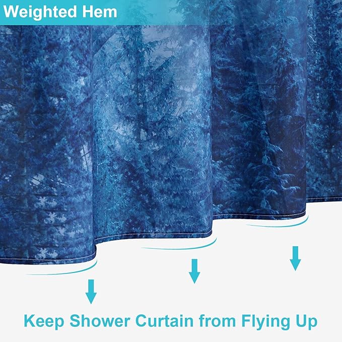 ORTIGIA 36x72 Misty Forest Stall Shower Curtain for Small Bathroom, Blue Half Size Narrow Nature Woodland Shower Curtain Set with Hooks, Waterproof Fabric Pine Tree Fog Magic Home Bath Curtain