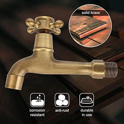 European Style Vintage Wall Mounted Faucet, Solid Brass, G1/2", Single Cold Water Tap for Kitchen Sink, Mop Pool, Antique Brass Finish