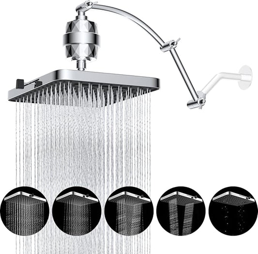 Hibbent Rain Filtered Shower Head, 13'' High Pressure Rainfall 5 Modes Showerhead with 16" Shower Head Extension Arm, Solid Brass Adjustable Shower Arm Extender, 20 Stage Shower Filter, Chrome