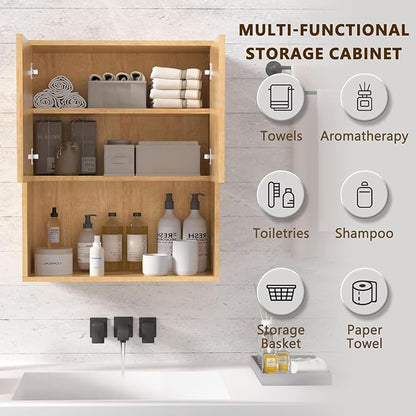 Fluted Bathroom Wall Cabinet Over The Toilet Storage,Wall Mounted Cabinet with Adjustable Shelf,Floating Cabinet Organizer Hanging Cabinet,Kitchen and Laundry Room Cabinets (Oak-2 PCS)