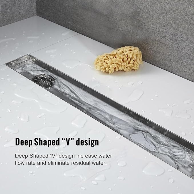 Offset Linear Shower Drain, Shower Drain 32 inch with Removable Grate Cover, Professional AISI 304 Stainless Steel Side Outlet Shower Floor Drain with Hair Catcher and Leveling Feet