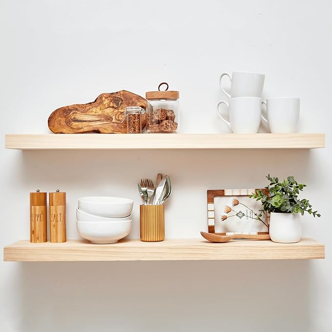 Homeforia 36 inch Natural Floating Shelf, High End Solid Real Wood 36inch Small Floating Shelves for Wall Mounted, Natural Wooden Floating Shelves, Heavy Duty Bracket, 36 X 6.5 X 1.75 in, Set of 2