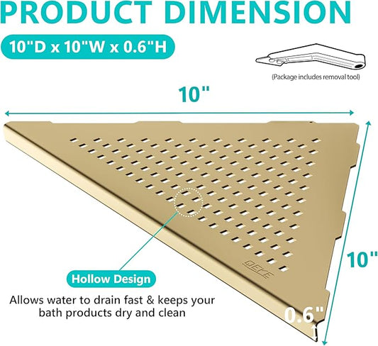 Corner Shower Shelves, 10” Recessed Tile Shower Shelf Brushed Golden, 304 Stainless Steel Grout in Corner Tile Shower Shelves, No Drilling, 2 Pack