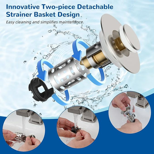 Hibbent 3 Pack 3 in 1 Bathroom Sink Drain Strainer, Universal Pop Up Stopper with Removable Stainless Steel Filter Basket Hair Catcher, Sink Plug for 1.1''~2.36'' Basin, Brass Core, Brushed Nickel