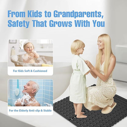 Shower Mat Non-Slip Bath Mat for Tub and Shower Stall,200+ Suction Cups with Drain Holes, Quick Dry Machine Washable, Extra Grip for Elderly and Baby, Bathroom Essentials 24x24 Inch(Black)