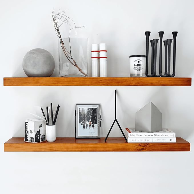 Homeforia Oak Floating Shelves 36 inches Long, High End Solid Real Wood 36 inch Floating Shelf for Room Wall, Honey Oak Wooden 36inch Kitchen Shelves, Heavy Duty Bracket, 36 X 6.5 X 1.75 in, Set of 3