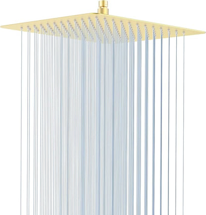 High Pressuer Square Rain Shower Head, Ultra Thin, SUS304 Stainless Steel, Universal Any Decorative Style, All Metal Rainfall Shower Head, Brushed Gold, 2.5 Gpm, 12 inch