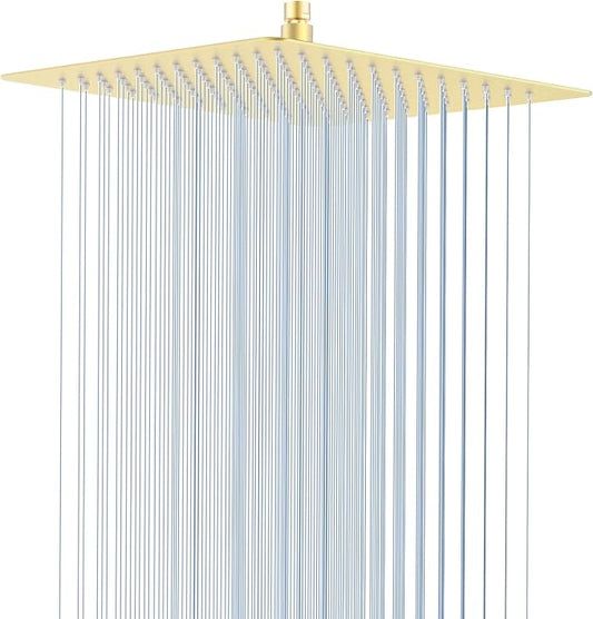 High Pressuer Square Rain Shower Head, Ultra Thin, SUS304 Stainless Steel, Universal Any Decorative Style, All Metal Rainfall Shower Head, Brushed Gold, 2.5 Gpm, 12 inch