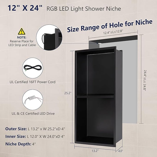 12" X 24" RGB LED Shower Niche No Tile Needed, 304 Stainless Steel Shower Niche Insert Tile Ready, Recessed Wall Shelf for Bathroom Storage Organizer with Remote Control, Matte Black