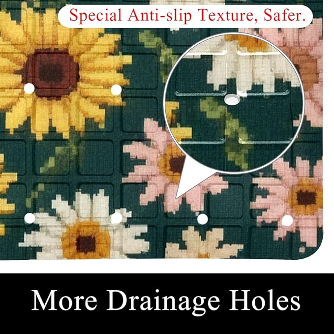 Bath Tub and Shower Mats, Non Slip Bathmat with Drain Holes and Suction Cups for Bathroom Floor, 15.1 x 26.8 Inch (Cute Pixel Daisies Floral Pattern)