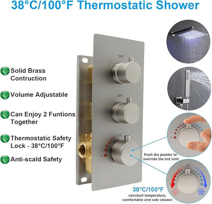 HOMEDEC Brushed Nickel 2 Way Shower Diverter Valve, Brass Dual Functions Thermostatic Shower Mixing Valve Kit 3 Handle Flow Control Valve, 3/4 Inch Inlet, Can Run Simultaneously