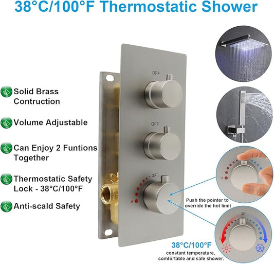 HOMEDEC Brushed Nickel 2 Way Shower Diverter Valve, Brass Dual Functions Thermostatic Shower Mixing Valve Kit 3 Handle Flow Control Valve, 3/4 Inch Inlet, Can Run Simultaneously