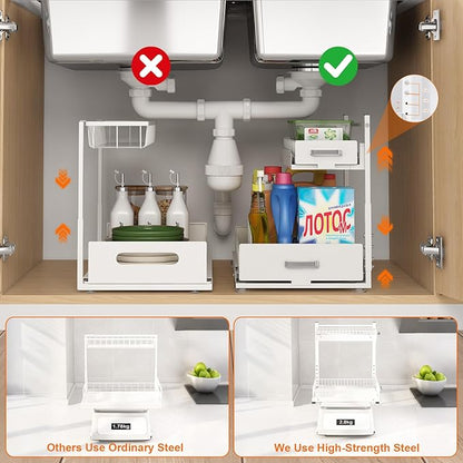 Under Sink Organizer,2 Tier Slide Out Kitchen Cabinet Organizers with Pulley,Under Bathroom Sink Pull Out Organizer with Multiple Height Adjustments for Kitchen and Bathroom Cabinets (White)