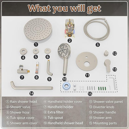 Iriber Brushed Nickel Bathtub Shower Faucet Set，Bathroom Shower System with Tub Spout ，Filtered Shower Head with Handheld, 9 Spray Mode Showerhead,Shower Valve Trim Kit Contain Cartridge,10 Inch