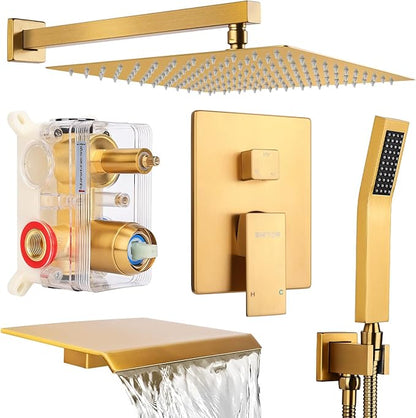 Wall Mounted Shower Faucet Set, Shower System with Tub Spout, 10 Inch Rainfall Shower Head with Handheld Spray, Waterfall Tub Spout Bathtub Faucet, Brushed Gold