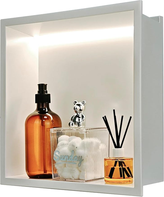 Shower Niche 12"x12" ，Lighted Niche for Shower Wall Stainless Steel Waterproof Shelf，Shower Lighting with Bathroom Storage ，Matte White （ 12"x 12"）