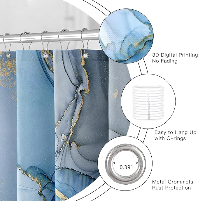 Extra Wide Marble Shower Curtain 108 x 72, Blue Abstract Shower Curtains for Claw Foot Tub, Modern Luxury 108 inch Long Shower Curtain Set with 18 Pack Plastic C-Hooks