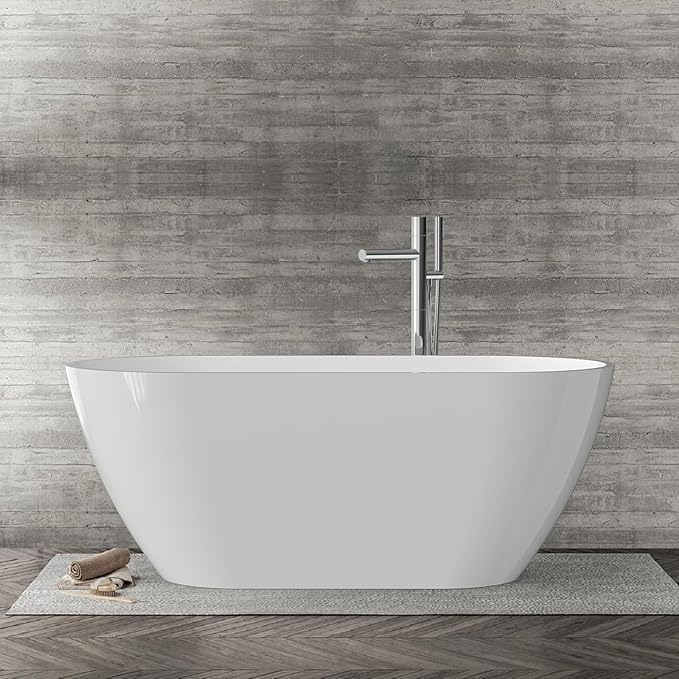 59''Acrylic Freestanding Bathtub Soaking Tub, Free Standing Bath Tub with Double-Walled Insulation, Ergonomic Deep Design, Glossy White, Matte Drain & Black Overflow, cUPC Certified Stand Alone Tub