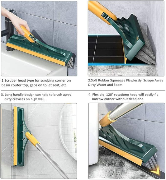 2 in 1 Floor Brush Scrubber with Long Handle Grout Brush 3 Poles 53.5'' New Upgrade Stiff Bristle Cleaning Scrub Brush with Squeegee 120°Rotating Tile Brush for Cleaning Bathroom Glass Patio Kitchen