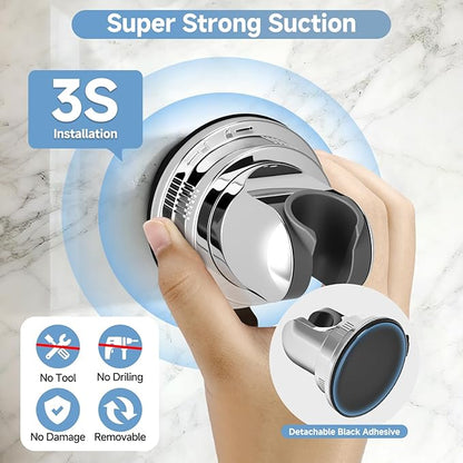 Suction Shower Head Holder，Removable Wall-Mount Handheld Shower Holder, No-Drill Adjustable Chrome Suction Cup 5-Angle Tilt & 360° Swivel