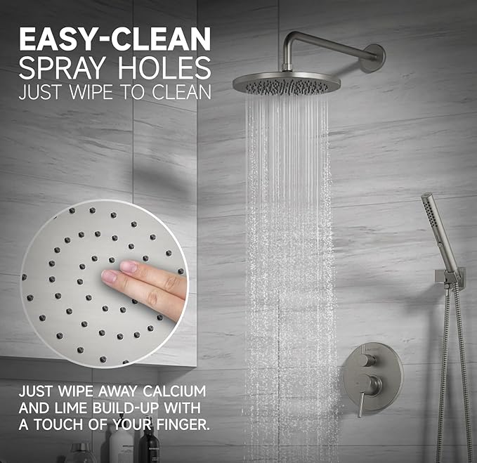 Lava Odoro Modern 2-Setting Round Rain Shower System, Brushed Nickel Rainfall Shower Faucet Set Rain Shower Head and Handle Set, Shower Valve Trim Kit,10 Inch, Brushed Stainless, SF104-BN