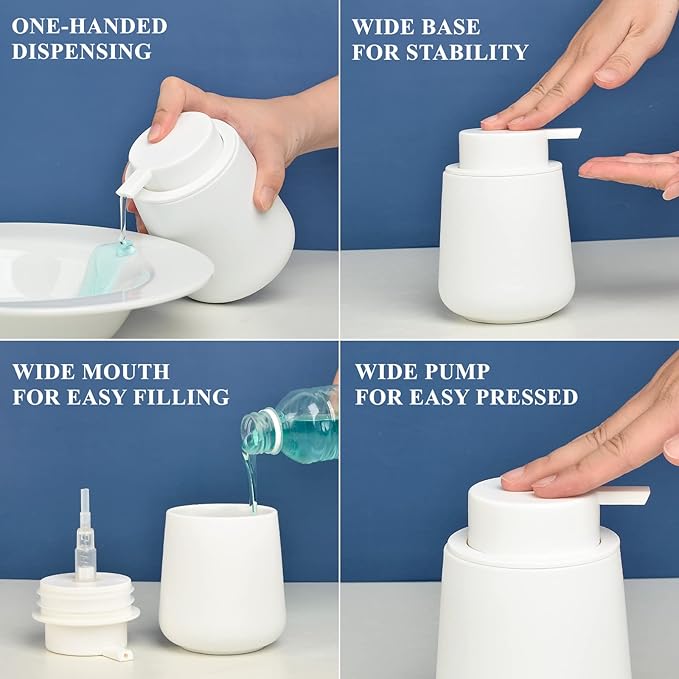 BosilunLife White Soap Dispenser - Ceramic Hand Dish Soap Dispenser for Bathroom 12ounce Refillable Liquid Hand Wash Dispenser for Essential Oil, Lotion Soap (Rubber Paint)