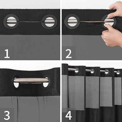 No Hooks Needed Linen Textured Shower Curtain with Snap-in Fabric Liner Set,Black Hotel Luxury Decor Shower Curtains for Bathroom with Mesh Top Window,Waterproof & Washable,71Wx74H